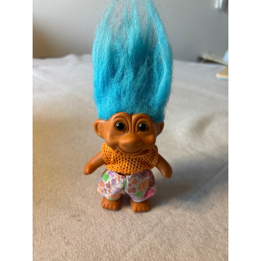 Vintage 1991 TNT Troll Doll Blue Hair Orange Top Flower Shorts‎ Collectible Toy
